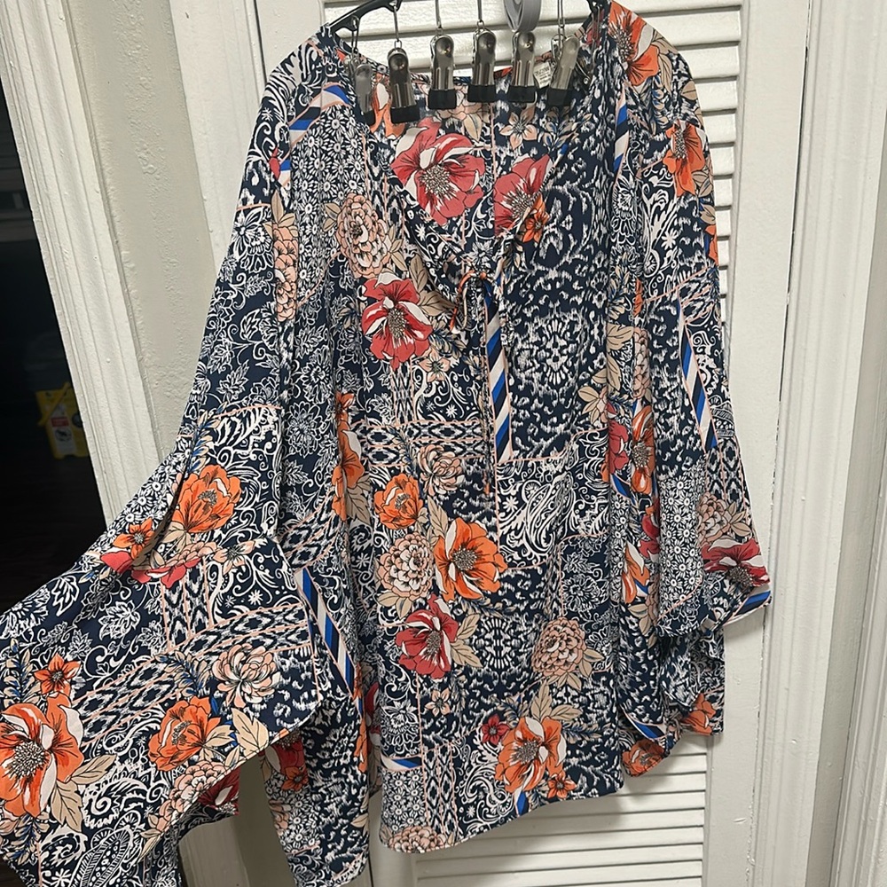 Torrid Blue and Orange Blouse with Intricate Floral Design